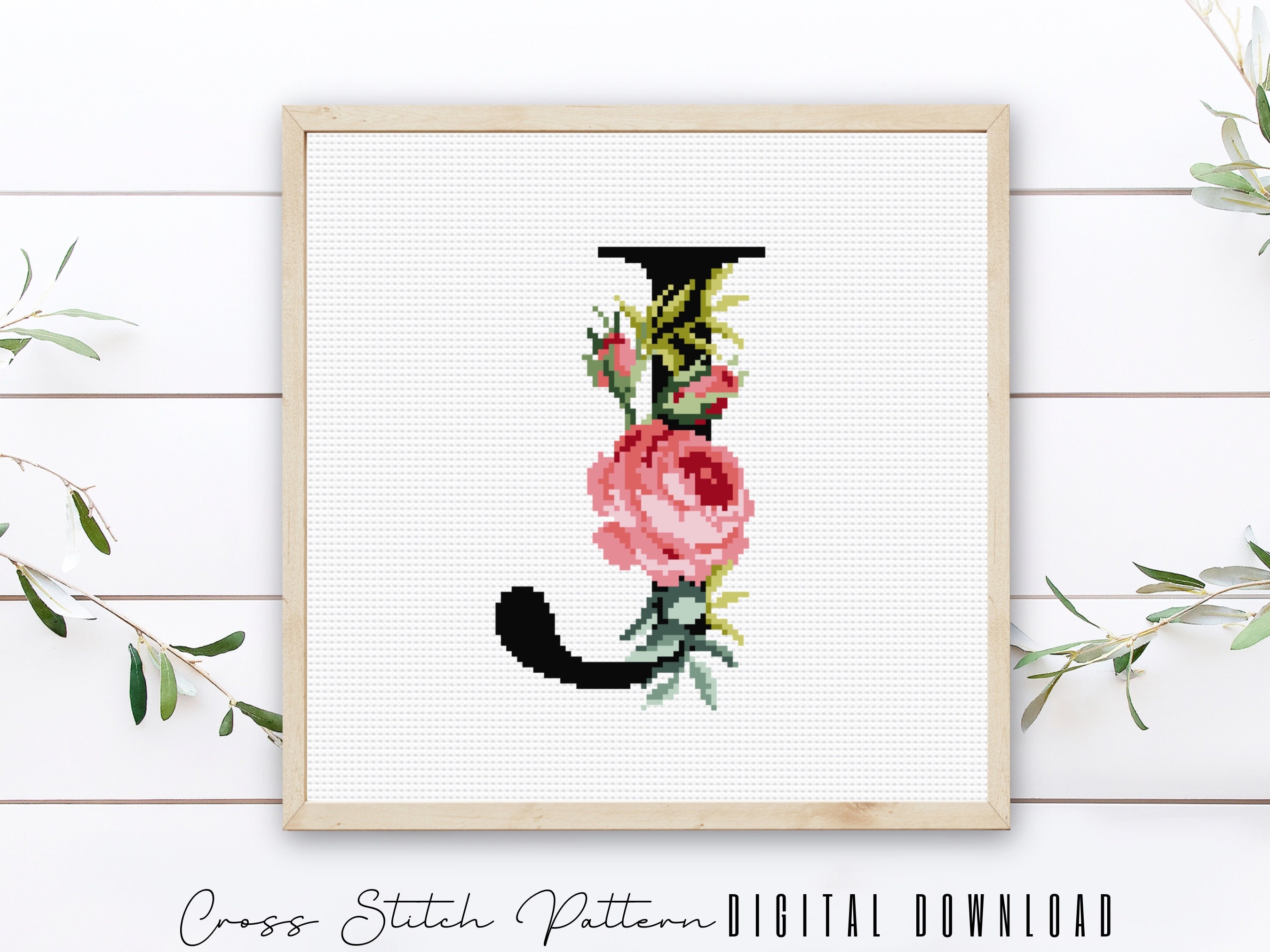 原画『flower, j'.』 Floral Letter J, Cross Stitch Alphabet Pattern, Monogram