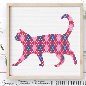 Cat Cross Stitch Pattern, Animal Silhouette Counted Cross Stitch Sampler, Modern Argyle Cross Stitch, Embroidery Cat, Digital Download PDF