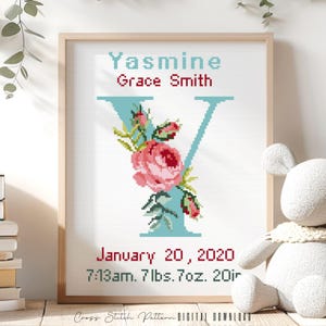 Patrón de punto de cruz para anuncio de nacimiento, decoración de guardería con la letra Y, muestrario de registro de nacimiento personalizado para punto de cruz, regalo para bebé, descarga digital en PDF