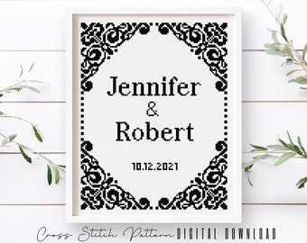 Wedding Modern Cross Stitch Pattern, Personalized Counted Cross Stitch, Wedding Anniversary Sampler, Engagement Gift, Digital Download PDF