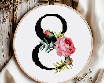 Floral Number 8 Cross Stitch Pattern: Flower Monogram (Digital Download PDF)