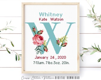 Birth Announcement Cross Stitch Pattern, Boy, Girl Nursery Decor, Personalized Gift, Modern Counted Cross Stitch Sampler, Digital Download