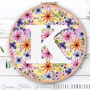 Letter K, Cross Stitch Alphabet Pattern, Modern Monogram, Counted Cross Stitch Sampler, Initial Embroidery, Hoop Art, Digital Download PDF