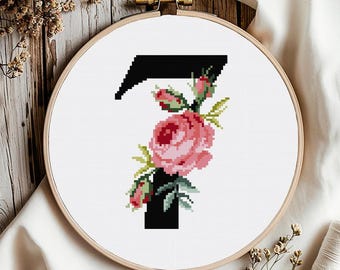 Floral Number 7 Cross Stitch Pattern: Flower Monogram (Digital Download PDF)