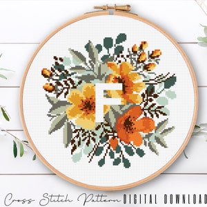 Letra floral F, padrão de alfabeto em ponto cruz, monograma com flor, amostra de ponto cruz contado, bordado inicial, download digital PDF