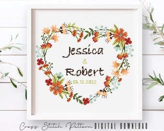 Wedding Cross Stitch Pattern: Personalized Floral Heart (Digital Download)