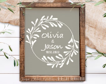 Wedding Modern Cross Stitch Pattern, Personalized Counted Cross Stitch, Wedding Anniversary Sampler, Engagement Gift, Digital Download PDF