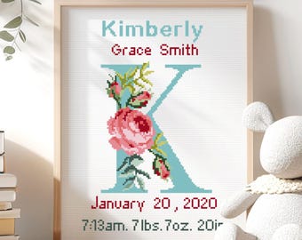 May include: Cross stitch pattern featuring a blue letter K with pink roses and green leaves. The text reads "Kimberly Grace Smith, January 20, 2020, 7:13am, 7 lbs, 7oz, 20in".