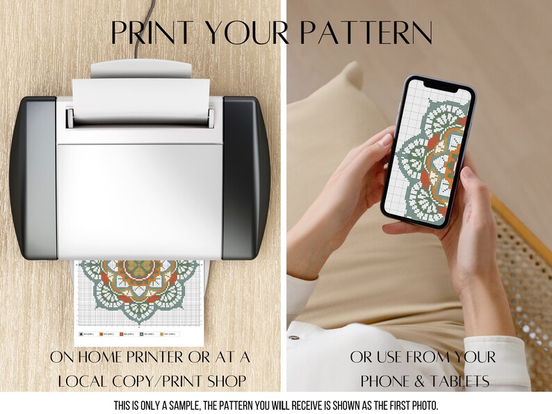 May include: A printable pattern for a mandala design. The image shows a printer printing the pattern and a phone displaying the pattern. The text on the image reads "PRINT YOUR PATTERN", "ON HOME PRINTER OR AT A LOCAL COPY/PRINT SHOP", and "OR USE FROM YOUR PHONE & TABLETS".