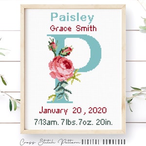 Birth Announcement Cross Stitch Pattern, Boy, Girl Nursery Decor, Personalized Gift, Modern Counted Cross Stitch Sampler, Digital Download