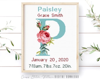 Birth Announcement Cross Stitch Pattern, Boy, Girl Nursery Decor, Personalized Gift, Modern Counted Cross Stitch Sampler, Digital Download