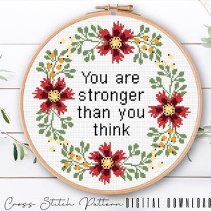Inspirational Cross Stitch Pattern, Counted Cross Stitch Quote, Modern Floral Cross Stitch Sampler, Embroidery Hoop Art, Digital Download