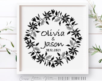Wedding Cross Stitch Pattern: Personalized Floral Wreath (Digital Download PDF)