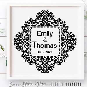 Wedding Modern Cross Stitch Pattern, Personalized Counted Cross Stitch, Wedding Anniversary Sampler, Engagement Gift, Digital Download PDF