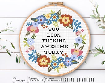 Funny Floral Cross Stitch Pattern: Sassy Feminist Embroidery (Digital Download PDF)