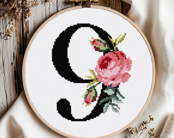 Floral Number 9 Cross Stitch Pattern: Flower Monogram (Digital Download PDF)