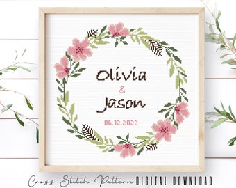 Wedding Cross Stitch Pattern: Personalized Floral Wreath (Digital Download PDF)