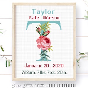 Birth Announcement Cross Stitch Pattern, Boy, Girl Nursery Decor, Personalized Gift, Modern Counted Cross Stitch Sampler, Digital Download