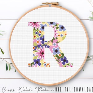 Letra R, padrão de alfabeto em ponto cruz, monograma moderno, amostrador de ponto cruz contado, bordado inicial, arte em bastidor, download digital de PDF