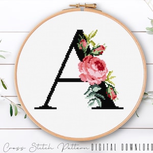 Letra floral A, padrão de alfabeto em ponto cruz, monograma com flor, amostra de ponto cruz contado, bordado inicial, download digital PDF