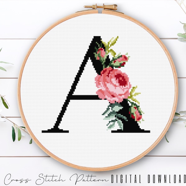 Lettre florale A, motif Alphabet au point de croix, monogramme avec fleur, échantillonneur de point de croix compté, broderie initiale, PDF en téléchargement numérique