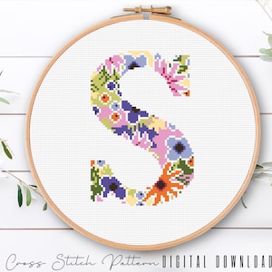 Letter S, Cross Stitch Alphabet Pattern, Modern Monogram, Counted Cross Stitch Sampler, Initial Embroidery, Hoop Art, Digital Download PDF