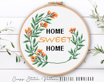Home Sweet Home-kruissteekpatroon: modern bloemenborduurwerk (digitale download pdf)