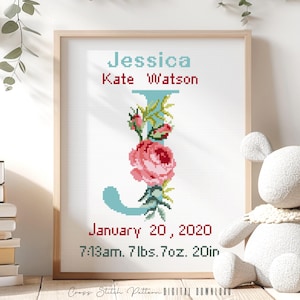 Patrón de punto de cruz para anuncio de nacimiento, decoración de guardería con la letra J, muestrario de registro de nacimiento personalizado para punto de cruz, regalo para bebé, descarga digital en PDF
