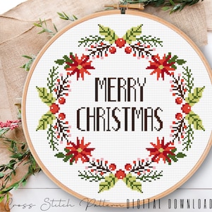 Merry Christmas Wreath Cross Stitch Pattern: Modern Holiday Sampler (Digital Download)