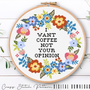 Funny Coffee Cross Stitch Pattern: Subversive Floral Embroidery (Digital Download PDF)
