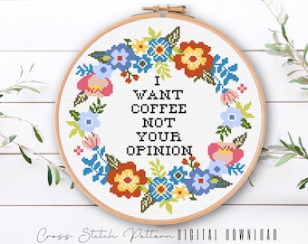 Funny Coffee Cross Stitch Pattern: Subversive Floral Embroidery (Digital Download PDF)