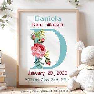 Patrón de punto de cruz para anuncio de nacimiento, decoración de guardería con la letra D, muestrario de registro de nacimiento personalizado para punto de cruz, regalo para bebé, descarga digital en PDF