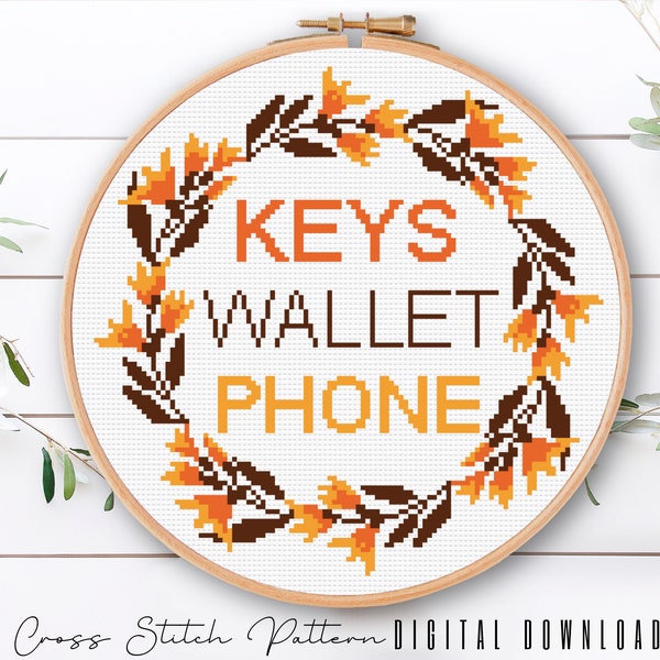 Keys Wallet Phone Cross Stitch Pattern, Modern Counted Cross Stitch Sampler, Floral Embroidery, Hoop Art, Home Decor DIY, Digital Download