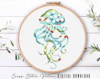 Modern Sea Life Cross Stitch Pattern, Jellyfish Cross Stitch, Ocean Counted Cross Stitch Sampler, Beach Embroidery, Digital Download PDF