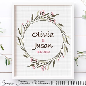 Wedding Modern Cross Stitch Pattern, Personalized Counted Cross Stitch, Wedding Anniversary Sampler, Engagement Gift, Digital Download PDF