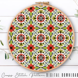 Modern Cross Stitch Pattern, Counted Cross Stitch Sampler, Tile Embroidery, Mosaic Cross Stitch, Colorful Cross Stitch, Digital Download PDF