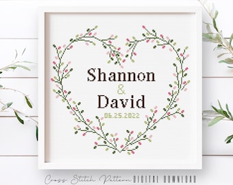Wedding Modern Cross Stitch Pattern, Personalized Counted Cross Stitch, Wedding Anniversary Sampler, Engagement Gift, Digital Download PDF