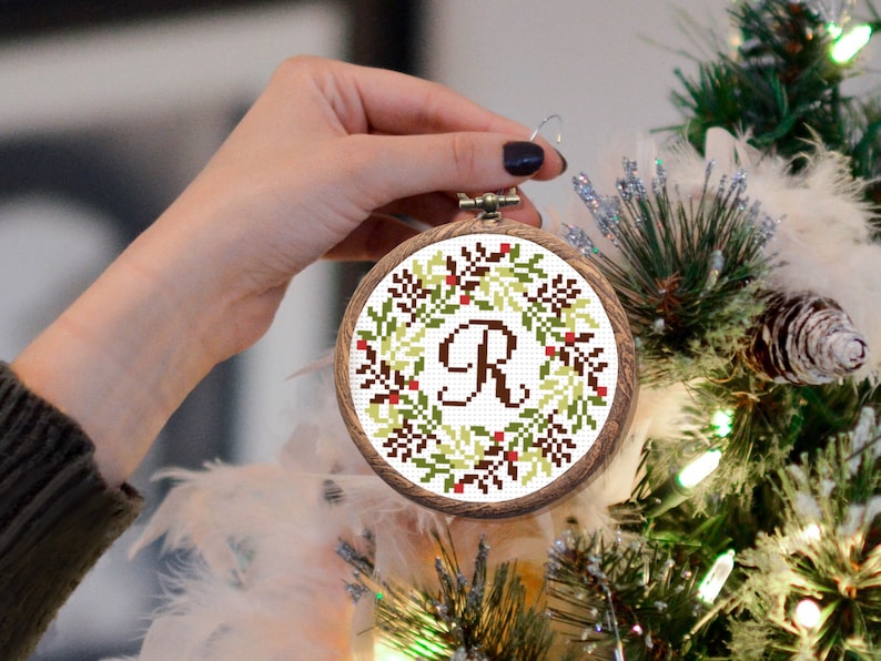 Christmas Ornament Cross Stitch Pattern, Alphabet Counted Cross Stitch Sampler, Personalized Ornament DIY, Holiday Decor, Digital Download image 1
