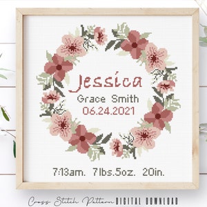 Birth Announcement Cross Stitch Pattern, Boy, Girl Nursery Decor, Personalized Gift, Modern Counted Cross Stitch Sampler, Digital Download