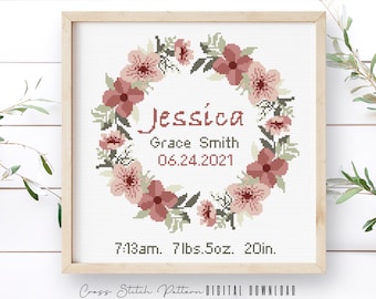 Birth Announcement Cross Stitch Pattern, Boy, Girl Nursery Decor, Personalized Gift, Modern Counted Cross Stitch Sampler, Digital Download