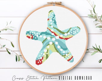 Modern Sea Life Cross Stitch Pattern, Star Fish Cross Stitch, Ocean Counted Cross Stitch Sampler, Beach Embroidery, Digital Download PDF