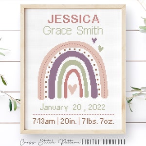 Birth Announcement Cross Stitch Pattern, Modern Rainbow Cross Stitch Sampler, Boy, Girl Nursery Decor, Personalized Gift, Digital Download