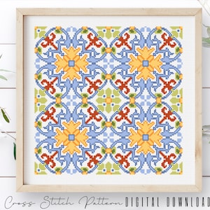 Modern Cross Stitch Pattern, Counted Cross Stitch Sampler, Tile Embroidery, Mosaic Cross Stitch, Colorful Cross Stitch, Digital Download PDF