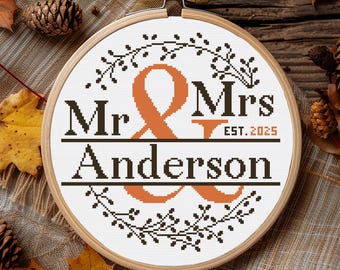 Fall Wedding Cross Stitch Pattern, Personalized Counted Cross Stitch, Wedding Anniversary Sampler, Engagement Gift, Digital Download PDF