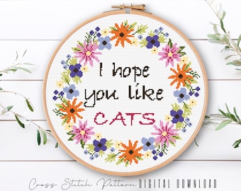 Funny Cat Cross Stitch Pattern: Floral Embroidery (Digital Download PDF)