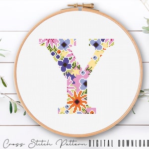 Letter Y Floral Cross Stitch Pattern: Modern Monogram (Digital Download PDF)