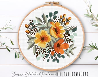 Modern Floral Cross Stitch Pattern, Cross Stitch Leaves, Flower Embroidery, Easy Counted Cross Stitch Sampler, Hoop Art, Digital Download