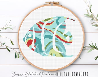 Modern Sea Life Cross Stitch Pattern, Cross Stitch Fish Pattern, Ocean Counted Cross Stitch Sampler, Beach Embroidery, Digital Download PDF