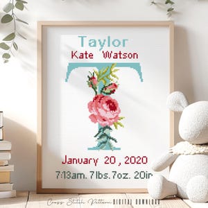 Patrón de punto de cruz para anuncio de nacimiento, decoración de guardería con la letra T, muestrario de registro de nacimiento personalizado para punto de cruz, regalo para bebé, descarga digital en PDF