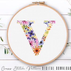 Letter V, Cross Stitch Alphabet Pattern, Modern Monogram, Counted Cross Stitch Sampler, Initial Embroidery, Hoop Art, Digital Download PDF